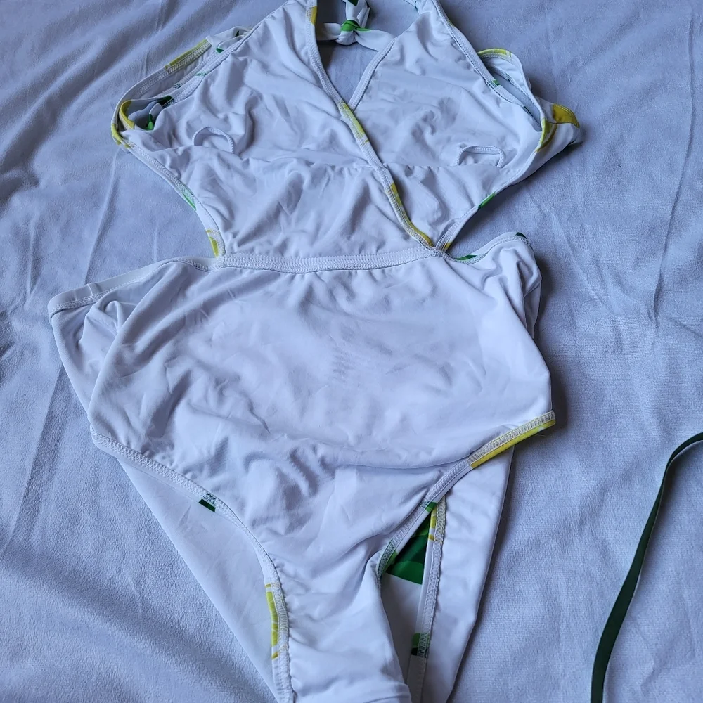 Zeraca One Piece Lemon Print Swimsuit With Halter Tie & Tie Back Size Large